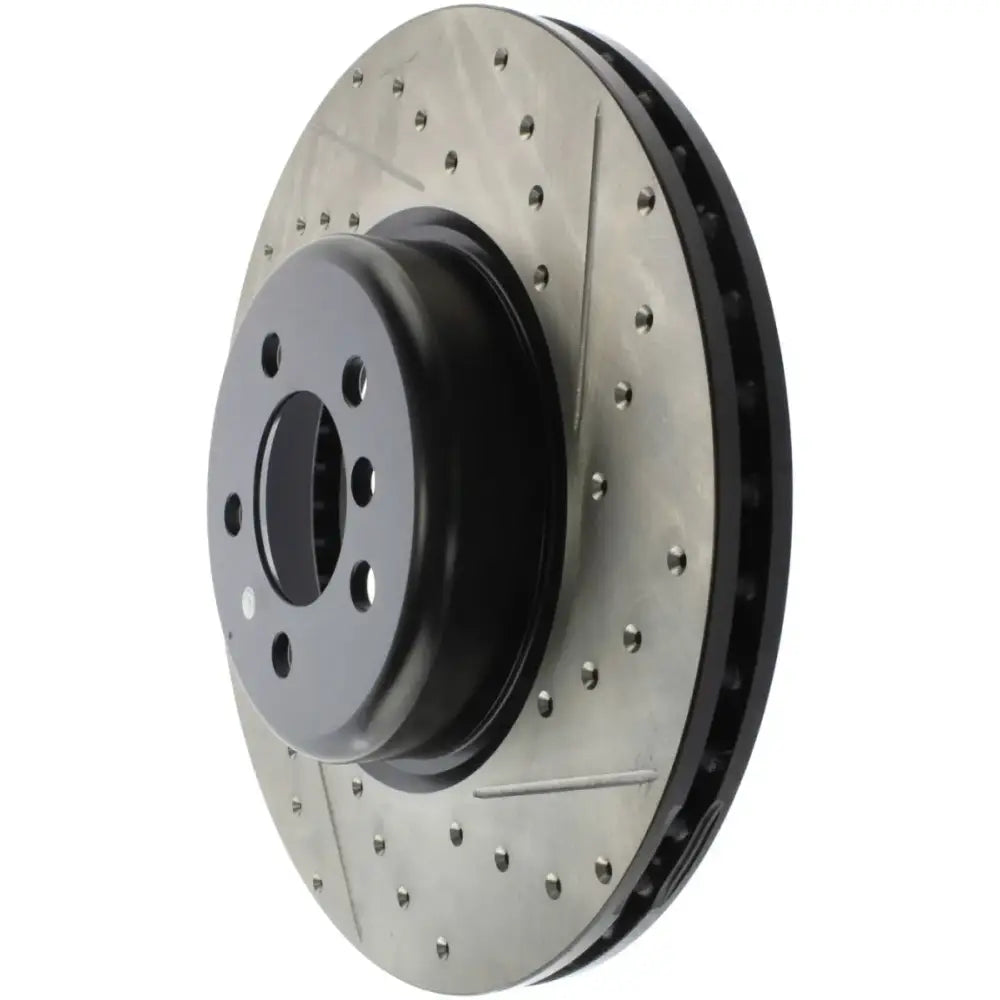 StopTech Sport Drilled slotted rear left rotor, silver perforated with black hub