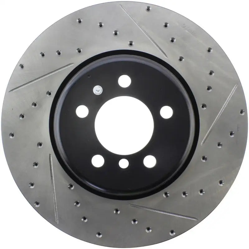 StopTech Sport Drilled rear left perforated brake rotor with black hub