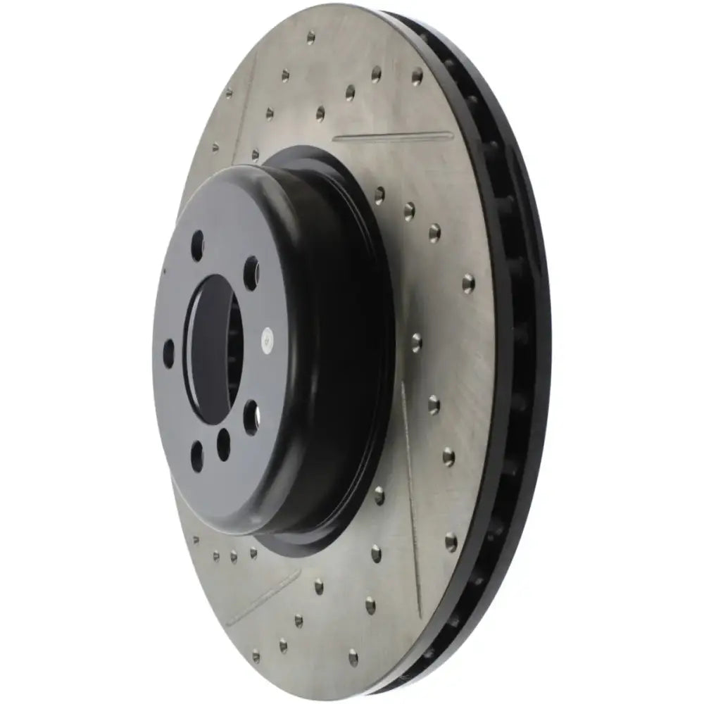 StopTech Sport Drilled slotted rear right brake rotor, silver perforated with black hub