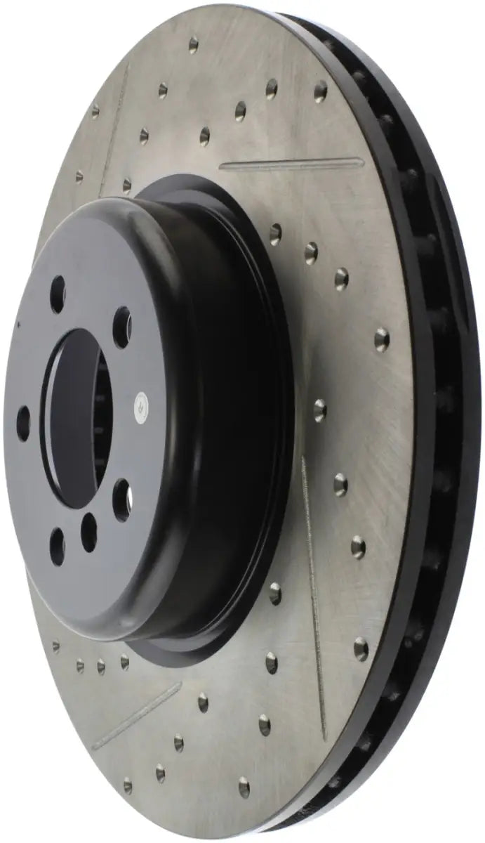 StopTech Sport Drilled slotted rear right brake rotor, silver perforated with black hub