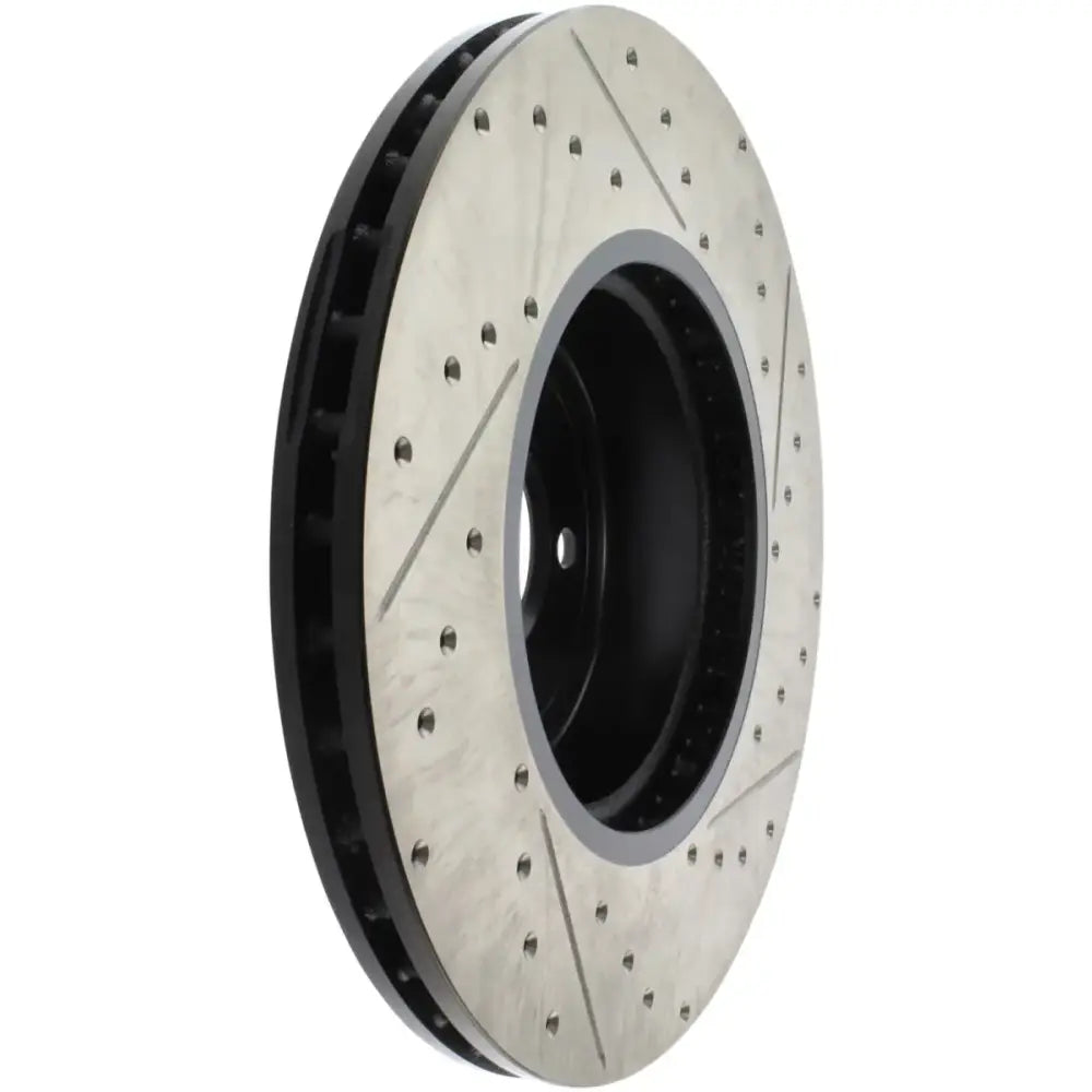 StopTech Sport drilled slotted rear right rotor with silver perforated black ring