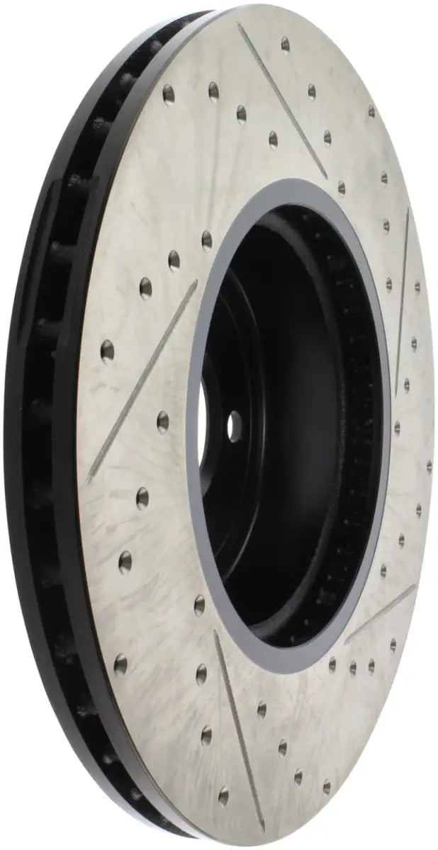 StopTech Sport drilled slotted rear right rotor with silver perforated black ring