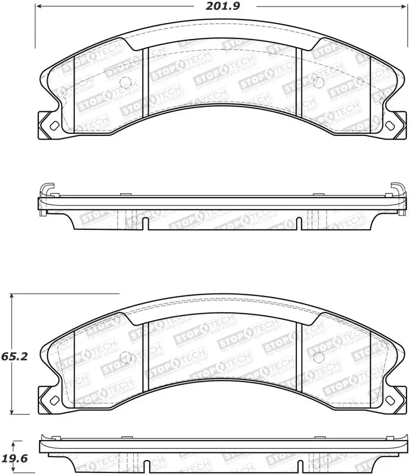 Detailed technical drawing of StopTech Street Brake Pads showing length, width, and thickness