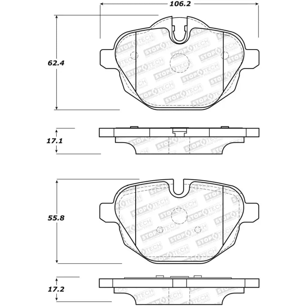 Technical drawing of StopTech Street Brake Pads rear with dimensions for brake pads