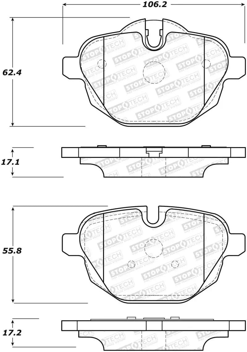 Technical drawing of StopTech Street Brake Pads rear with dimensions for brake pads