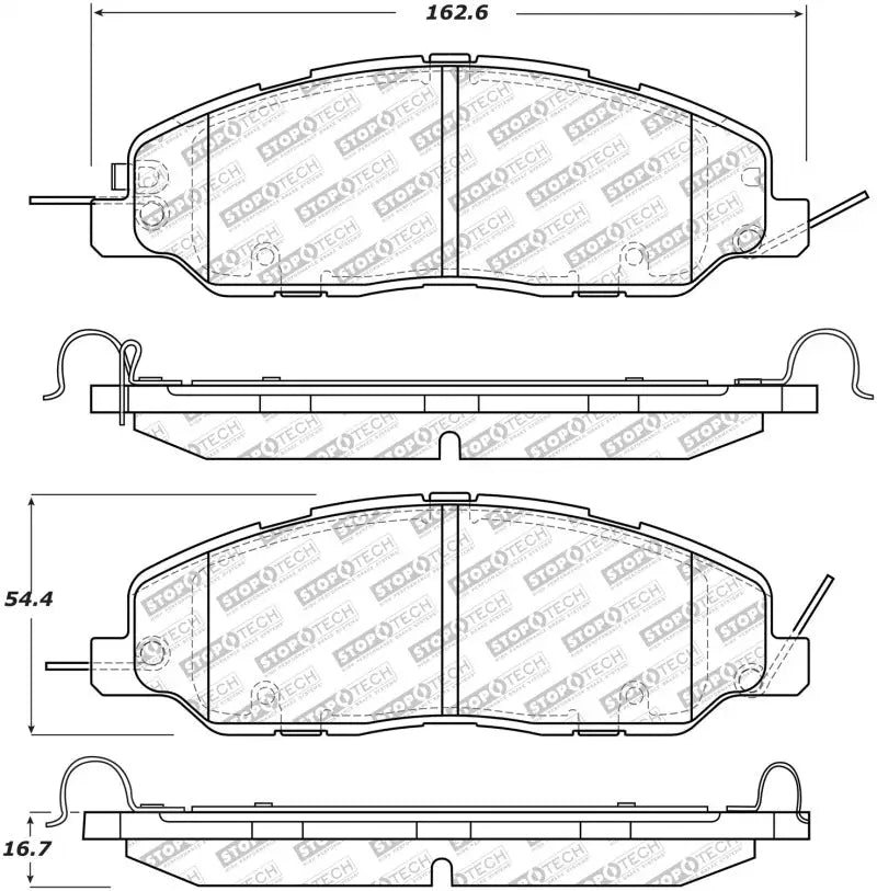 Technical drawing of StopTech Street Select Brake Pads with dimensions for front brake pads