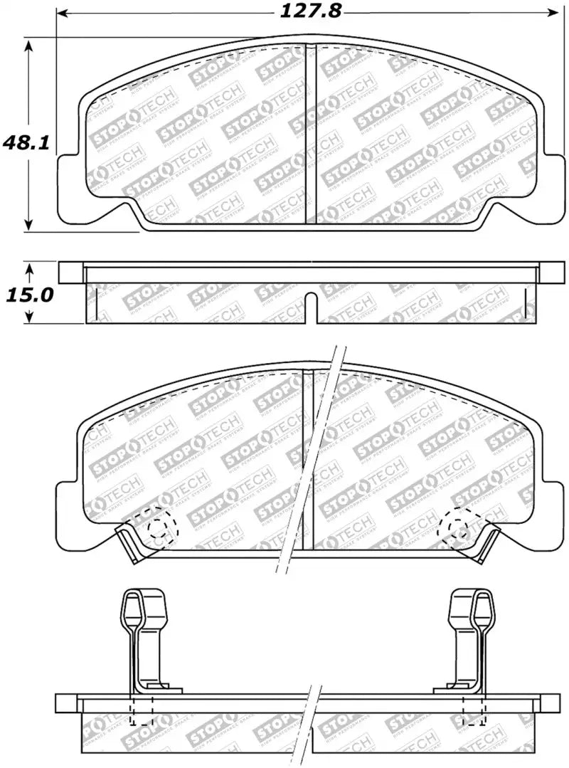 Technical drawing of StopTech Street Select brake pads with dimensions for top braking performance