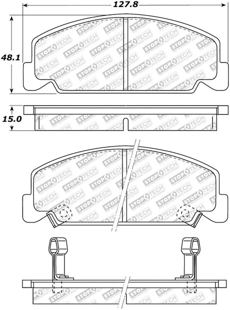 Technical drawing of StopTech Street Select brake pads with dimensions for top braking performance