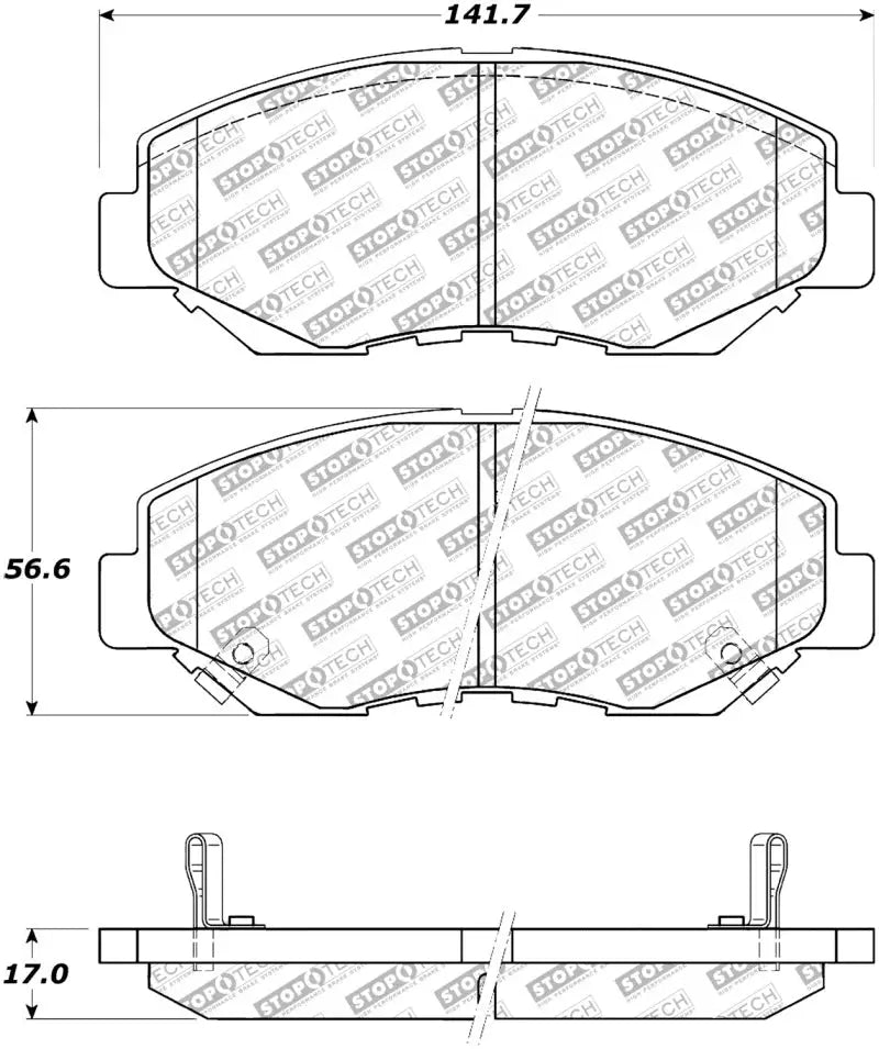 Automotive brake pad dimensions for StopTech Street Select Rear Brake Pads