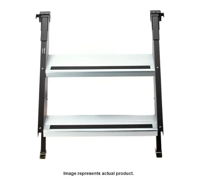STP-221 Mor/Ryde Quick Connect Entry Step for RVs featuring dual aluminum steps and sturdy black frame.