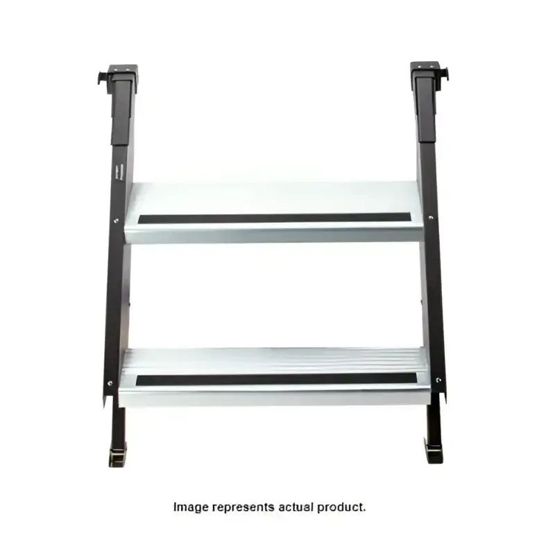 STP-221 Mor/Ryde Quick Connect Entry Step for RVs featuring dual aluminum steps and sturdy black frame.