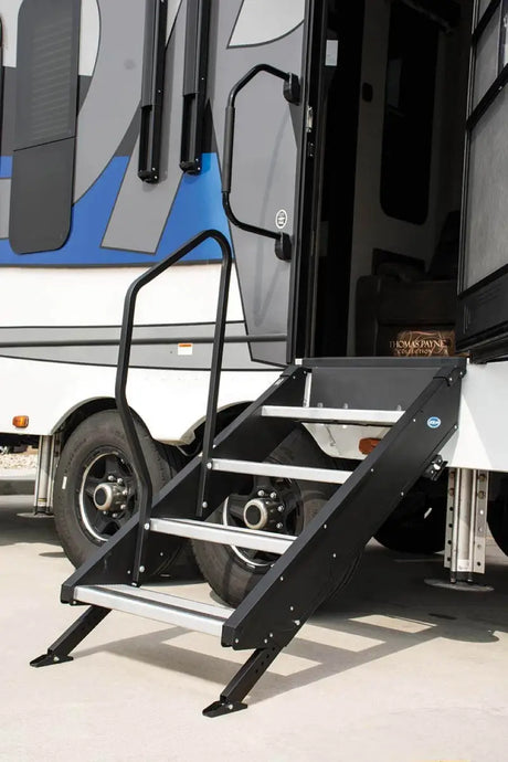 STP214-120H Mor/Ryde Gen2 Step Above Handrail installed on RV, enhancing safety and stability for entry and exit.