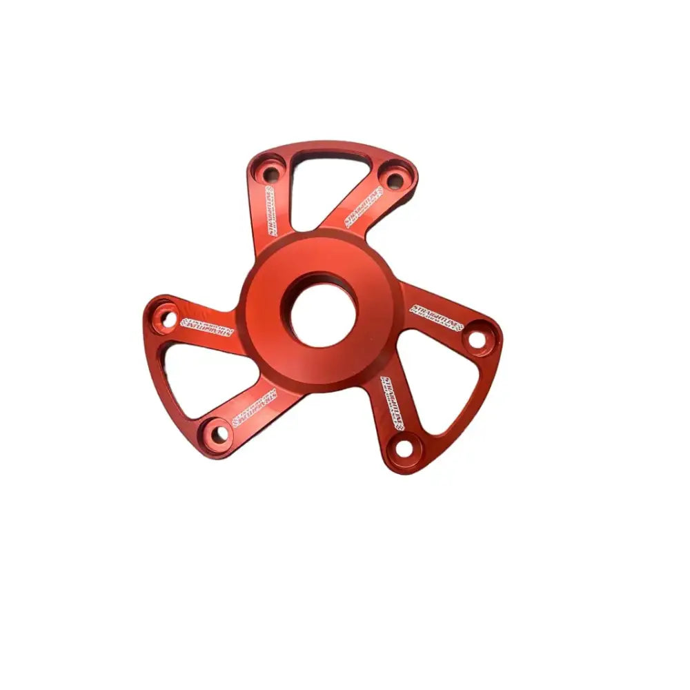 Red anodized aluminum three-spoke bicycle chainring spider for Polaris P22 clutch cover