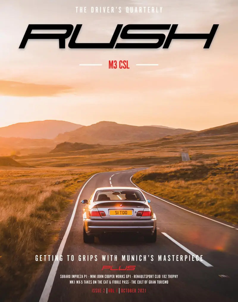 Automotive magazine cover with BMW M3 CSL on winding road at sunset, featuring straightline 182-121-orange hide rear bump