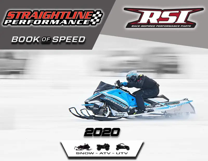 Blue and white snowmobile with rider in motion, featuring Straightline 182-121-ORANGE Hide N Go Rear Bump
