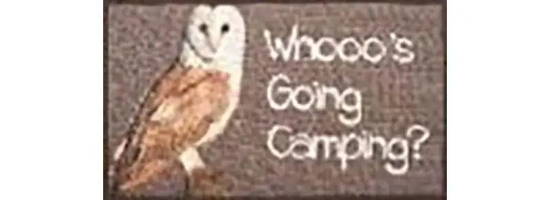 Owl-themed camping sign on Kittrich Whooos Going Camping Textilene Mat