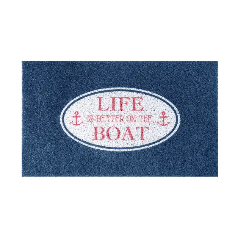Navy blue doormat with the phrase "Life Is Better On The Boat" in red and white, anchors on both sides, by Kittrich.