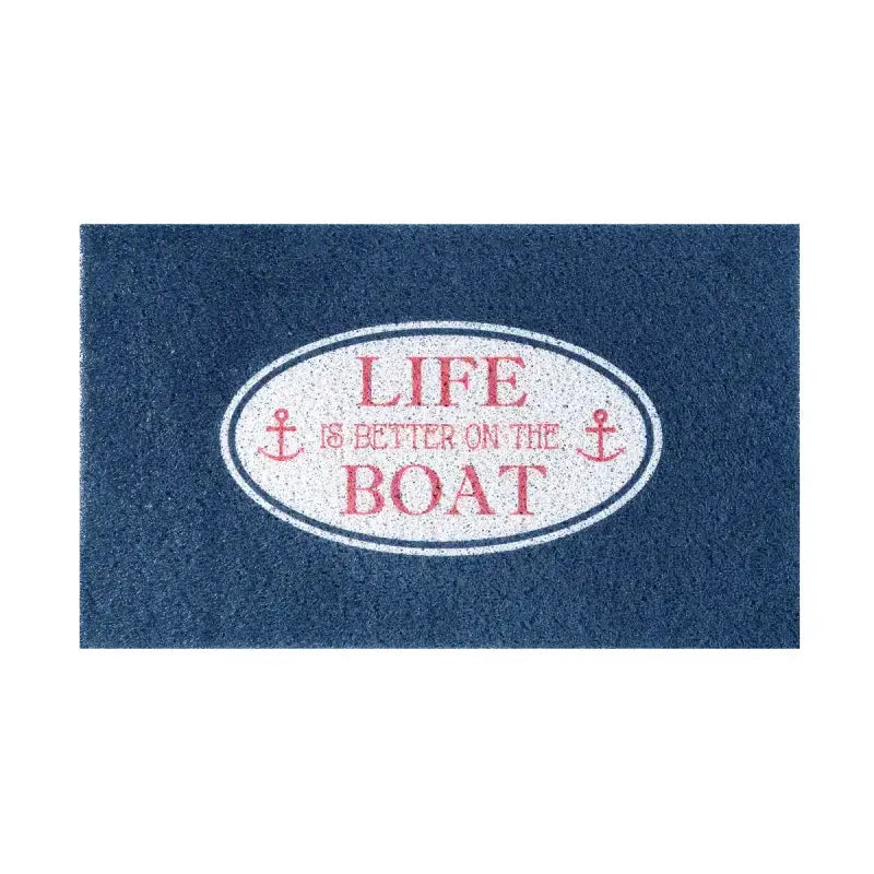 Navy blue doormat with the phrase "Life Is Better On The Boat" in red and white, anchors on both sides, by Kittrich.