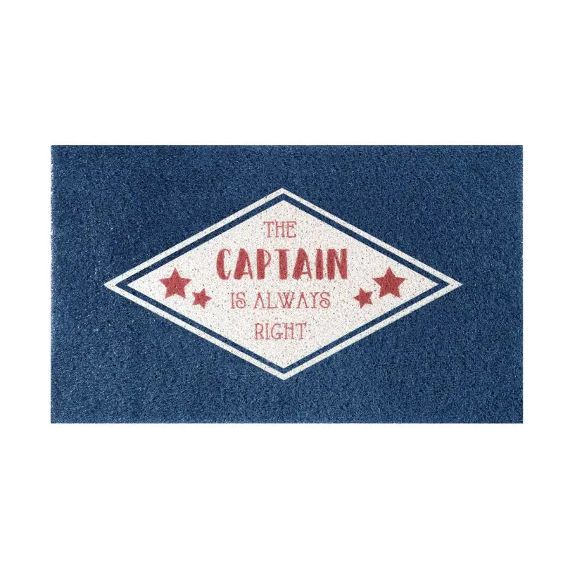 Navy doormat with "The Captain Is Always Right" text and red stars by Kittrich.