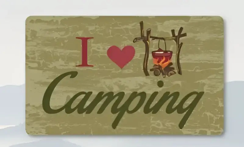 I love Camping rustic design with a campfire pot on olive background