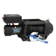 Black electric winch with hook and synthetic rope, Tiger Shark 18000SR model