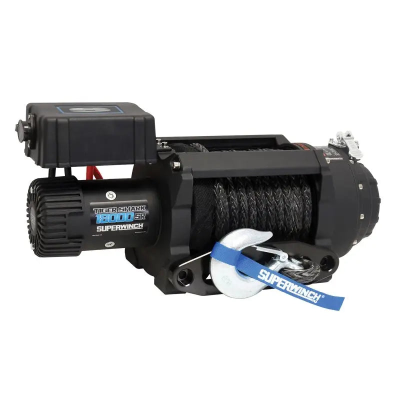 Black electric winch with hook and synthetic rope, Tiger Shark 18000SR model