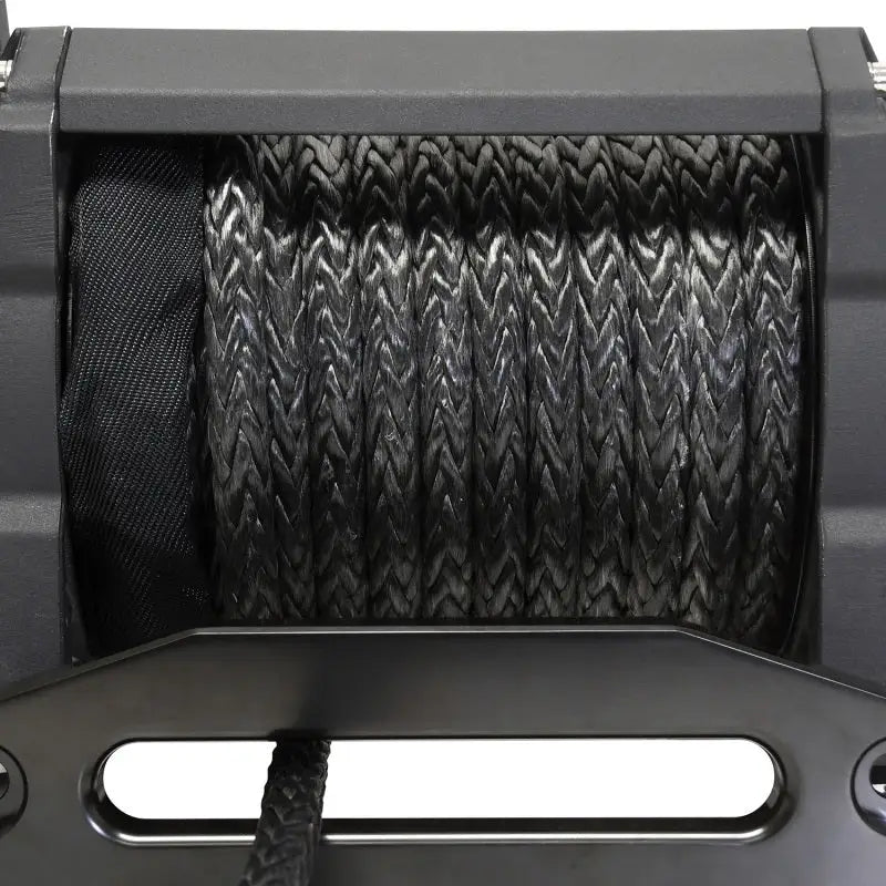 Winch with synthetic rope showcasing Tiger Shark 18000SR for heavy-duty towing and pulling