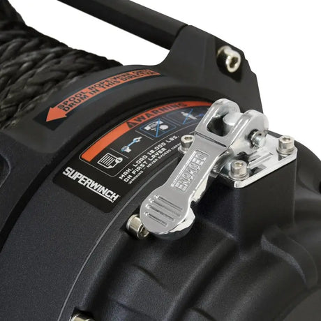 Black Superwinch Tiger Shark 18000SR with silver lever and synthetic rope for heavy duty winching