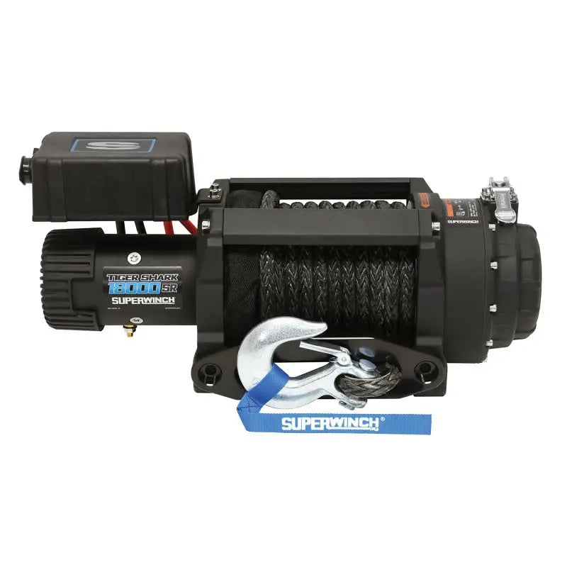 Black Superwinch Tiger Shark 18000SR with synthetic rope for heavy-duty lifting