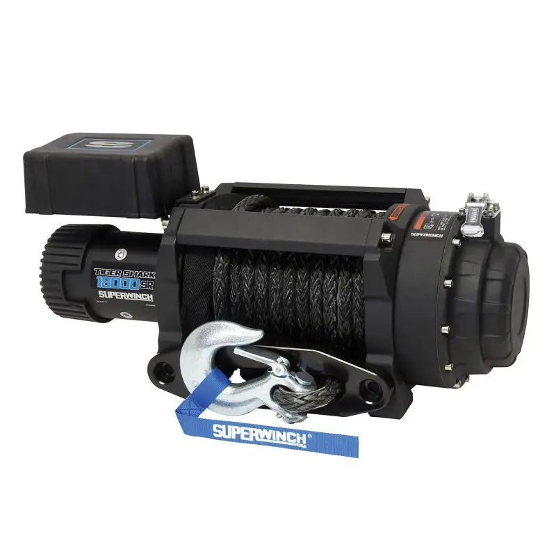 Black Superwinch electric winch with Tiger Shark 18000SR synthetic rope for heavy-duty pulling