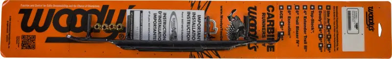 Orange blister pack of Woody’s Carbide snowmobile runners for Slim Jim Dooly Jim Dooly