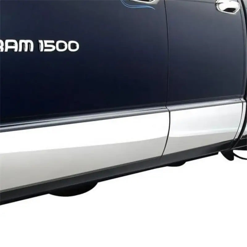 Blue and silver Ram 1500 truck with ici stainles rocker panel molding