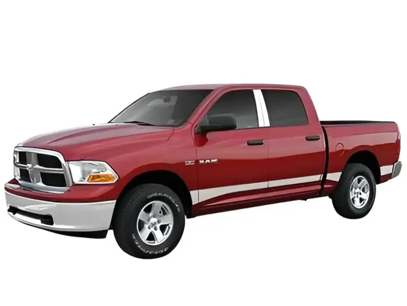 Red pickup truck with white stripe showcasing T3022-304M Ici Stainles Rocker Panels