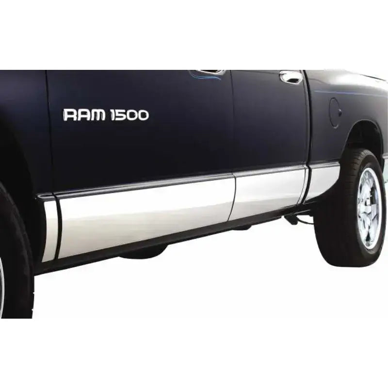 Side view of dark blue Dodge Ram 1500 with chrome rocker panels and ici stainles rocker