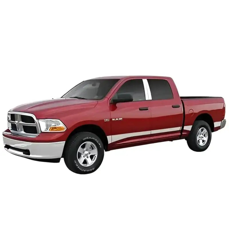 Red pickup truck with white stripe showcasing T3022-304M Ici Stainles Rocker Panels