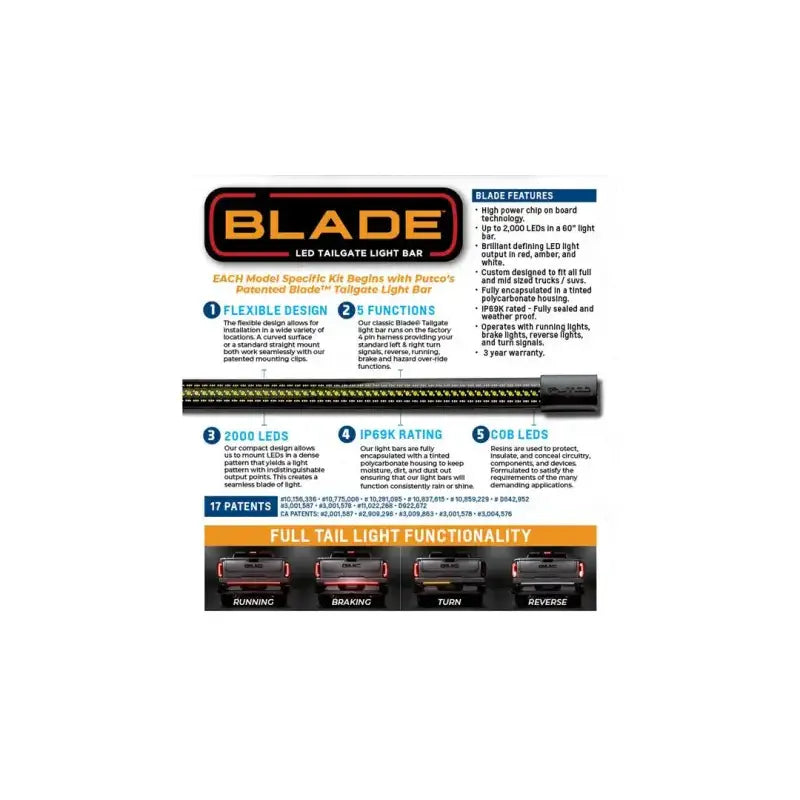 Tailgate Light - LED 60 Inch Flexible Bar; Amber Turn Signal/ White Reverse/ Red Brake/ Running Operation; High Power