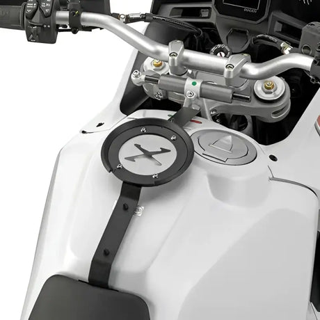 Motorcycle tank bag mount with X emblem for Tanklock Mount Duc, includes mounting hardware