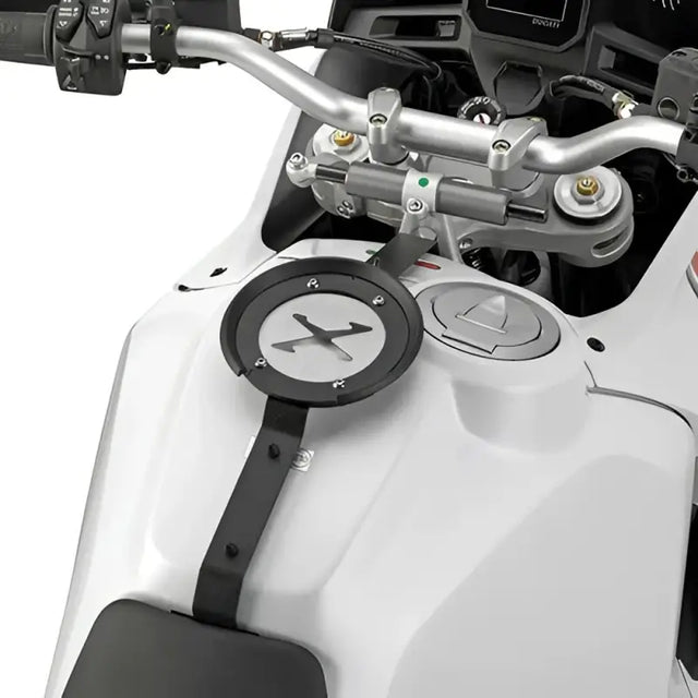 Motorcycle tank bag mount with X emblem for Tanklock Mount Duc, includes mounting hardware