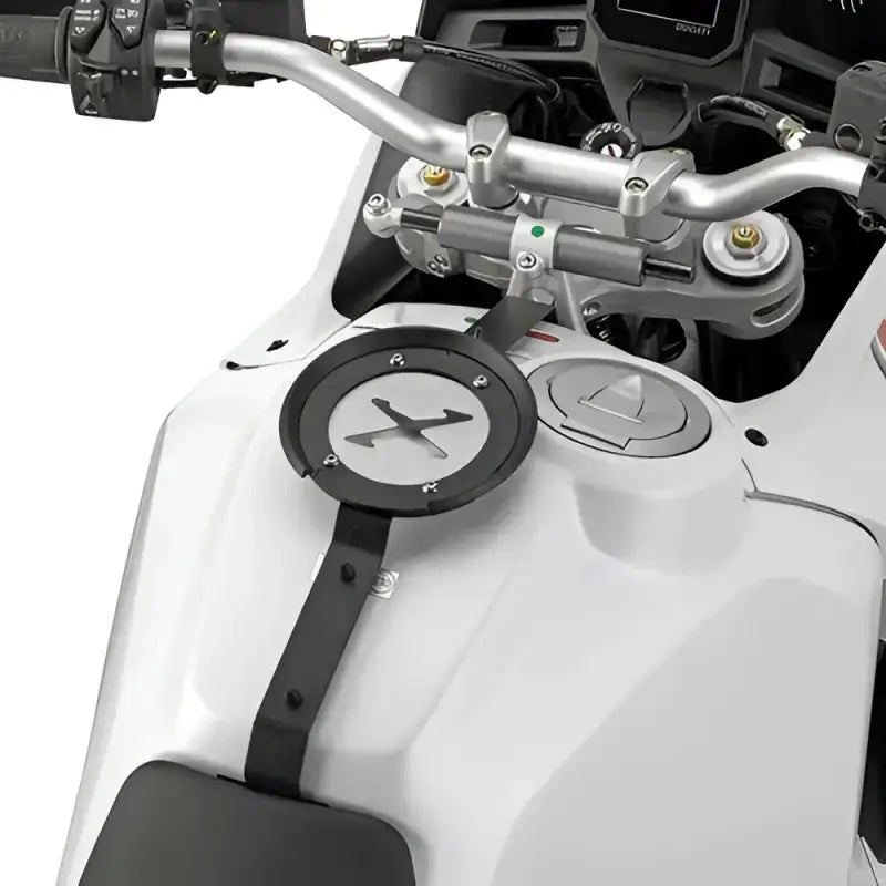 Motorcycle tank bag mount with X emblem for Tanklock Mount Duc, includes mounting hardware