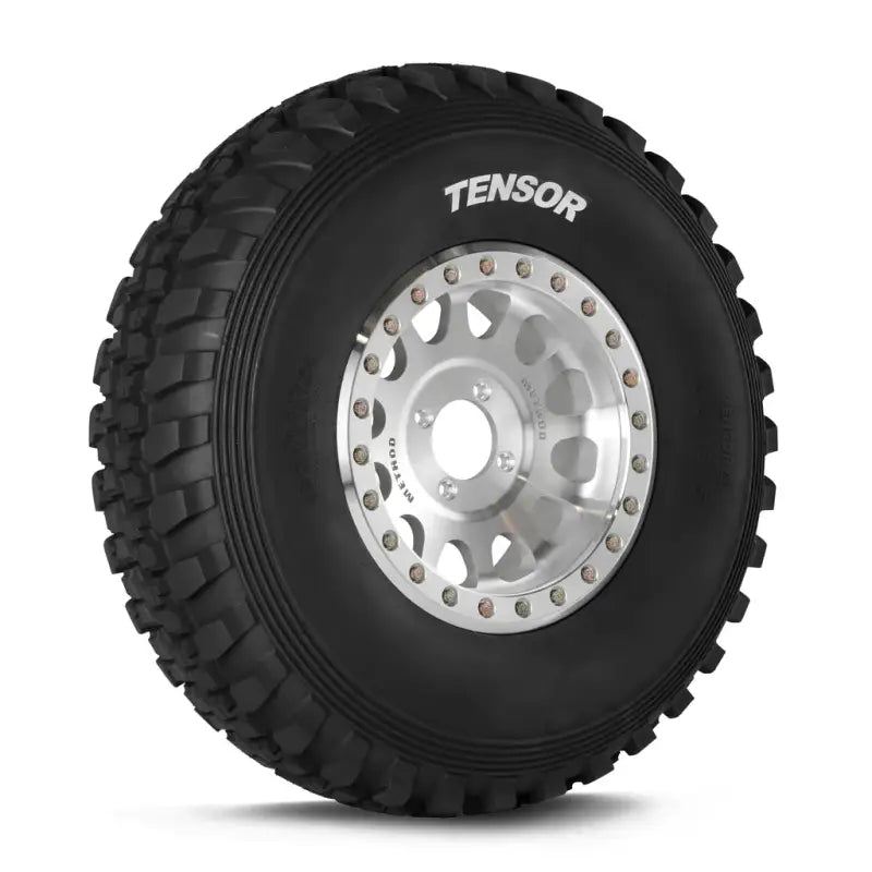 Tensor black off-road tire with silver rim, HD durometer tread compound