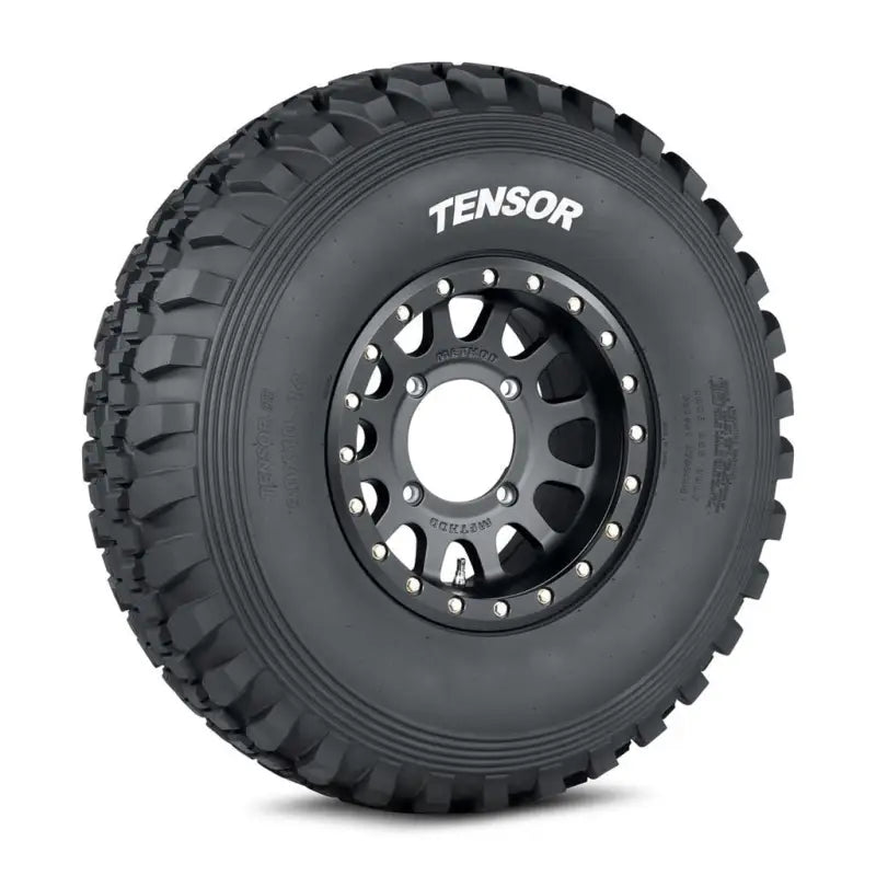 Black off-road tire with beadlock wheel from Tensor Tire Desert Series for rugged terrain