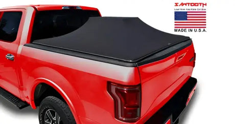 Red pickup truck with black tonneau cover on F-150 Raptor, TF1135-01 Sawtooth
