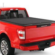 Red pickup truck with tf1146-02 sawtooth tonneau cover on 21-22 Ford F-150