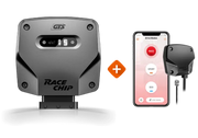 RaceChip Throttle Sensitivity Booster with smartphone showing drive modes - Race, Sport, Eco - Bluetooth connectivity for increased electronic accelerator responsiveness, 7 tuning stages.