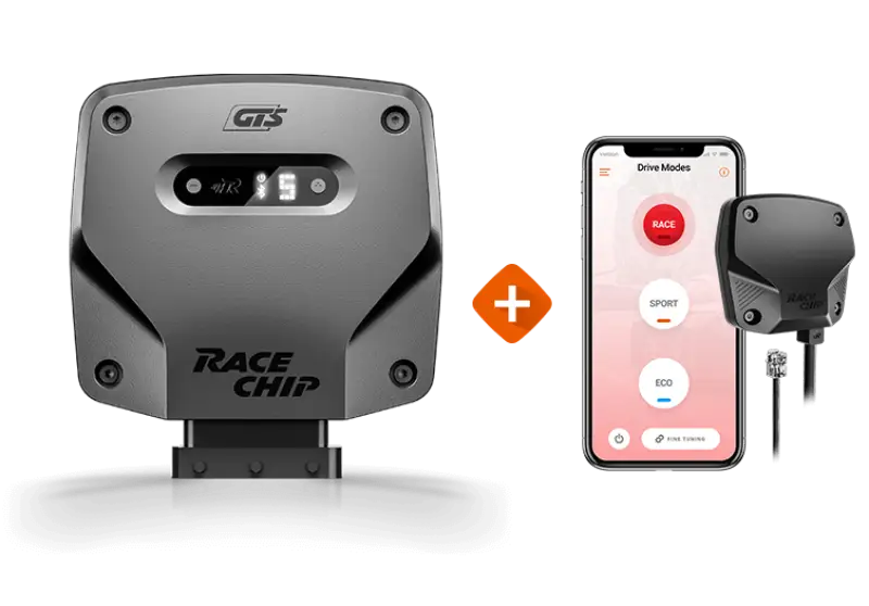 RaceChip Throttle Sensitivity Booster with smartphone showing drive modes - Race, Sport, Eco - Bluetooth connectivity for increased electronic accelerator responsiveness, 7 tuning stages.