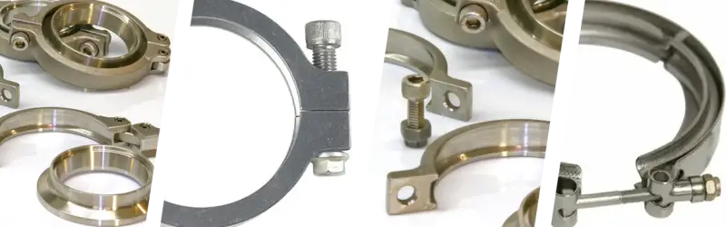 Assorted metal pipe clamps for TiAL Sport MVS optional inlet V-Band Clamp