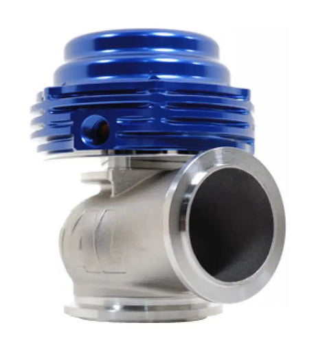 Blue and silver metal TiALSport MVS Wastegate with V-Band Clamps for turbocharging