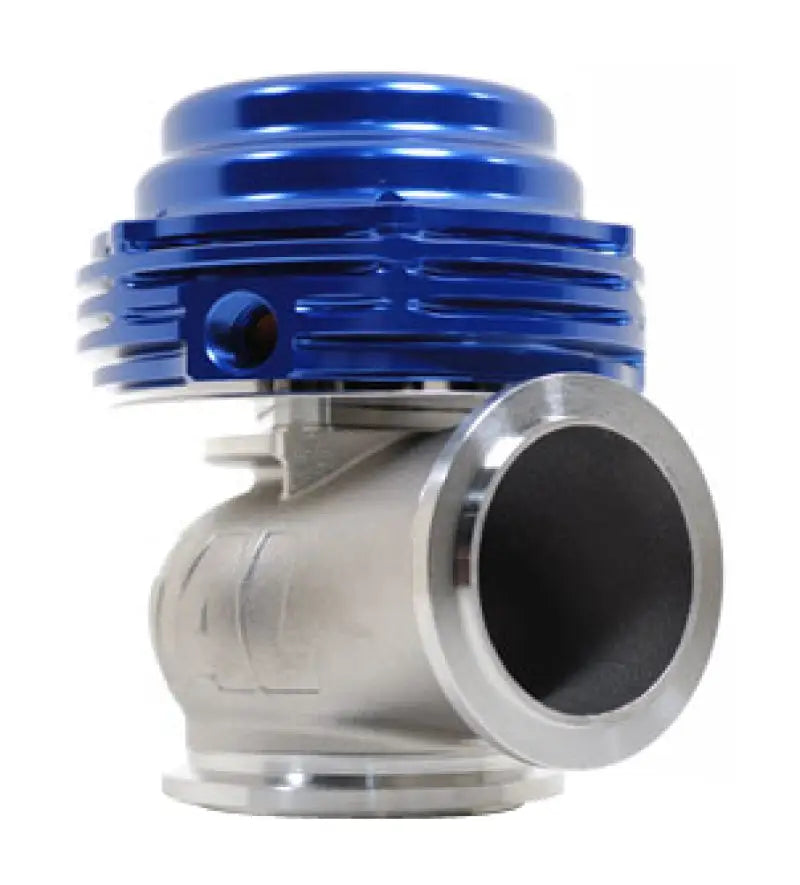 Blue and silver metal TiALSport MVS Wastegate with V-Band Clamps for turbocharging
