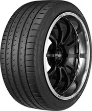 Yokohama ADVAN Sport V105 tire P275 x 40ZR19, high performance, summer passenger car, steel belted, radial, black sidewall, asymmetrical tread design, tubeless, limited warranty, fits 9.0 to 11.0 inch wide wheels.