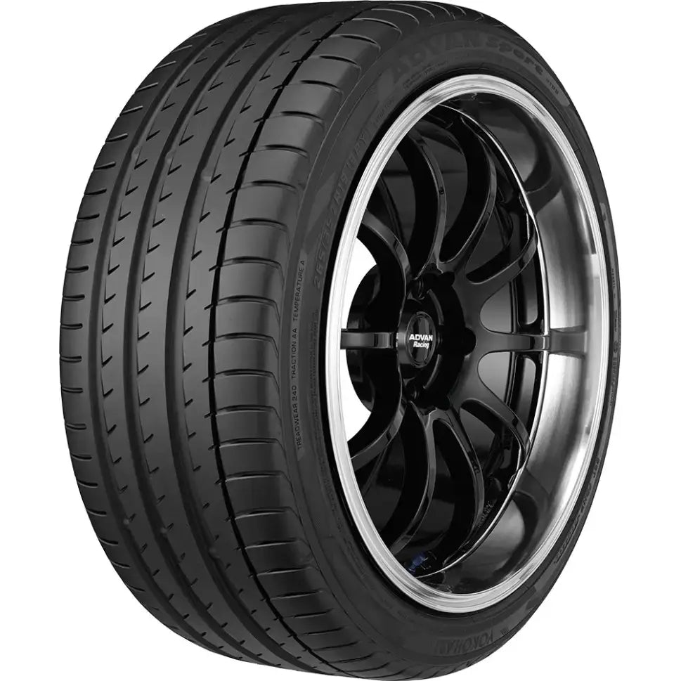 Yokohama ADVAN Sport V105 tire P275 x 40ZR19, high performance, summer passenger car, steel belted, radial, black sidewall, asymmetrical tread design, tubeless, limited warranty, fits 9.0 to 11.0 inch wide wheels.